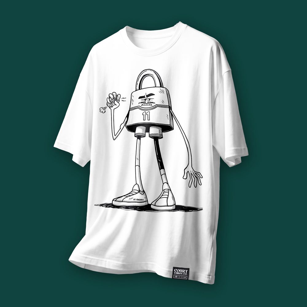 The Lockdown: white heavyweight oversized tee with Nahum Ziersch's black and white Lock drawing
